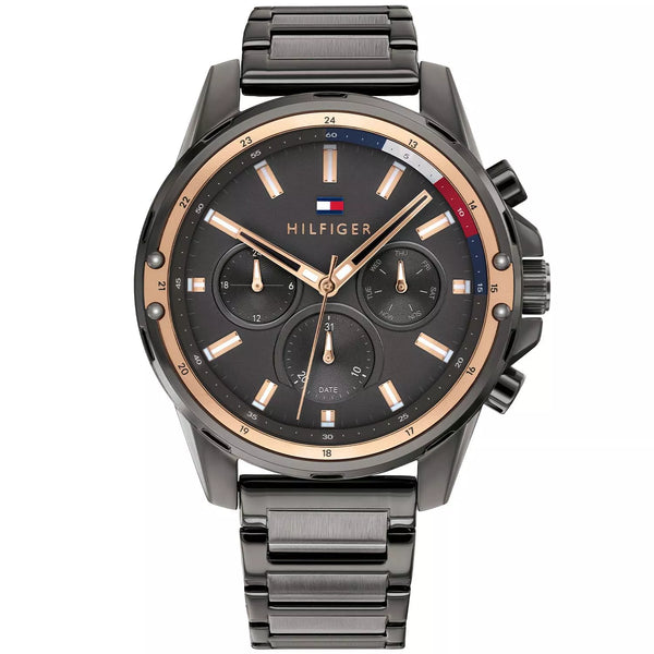 Tommy Hilfiger Mason 1791790 herrklocka med grått stålarmband och grå boett, visad framifrån.