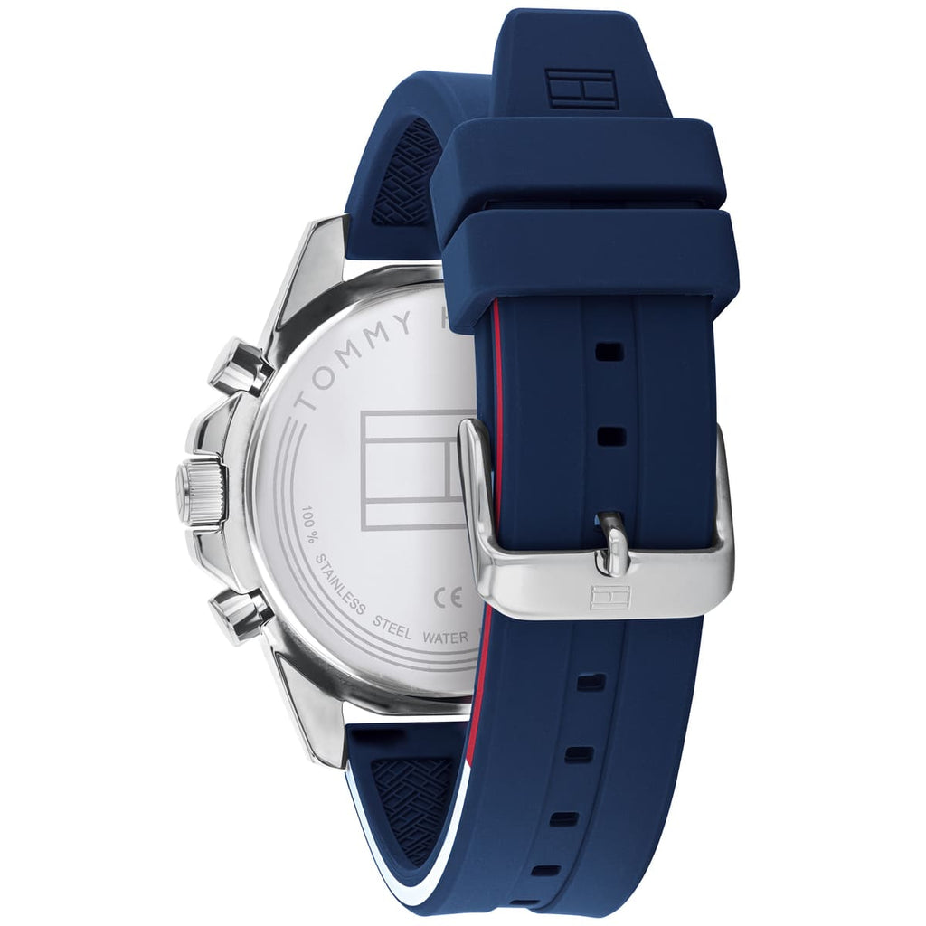Tommy Hilfiger Mason 1791791 herrklocka med blått silikonarmband och silver boett, visad framifrån.