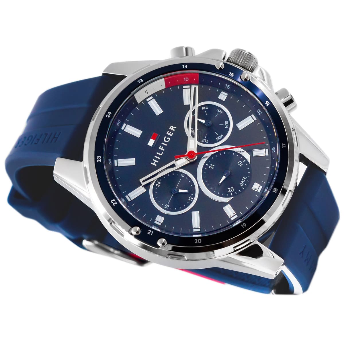 Tommy Hilfiger Mason 1791791 herrklocka med blått silikonarmband och silver boett, visad framifrån.