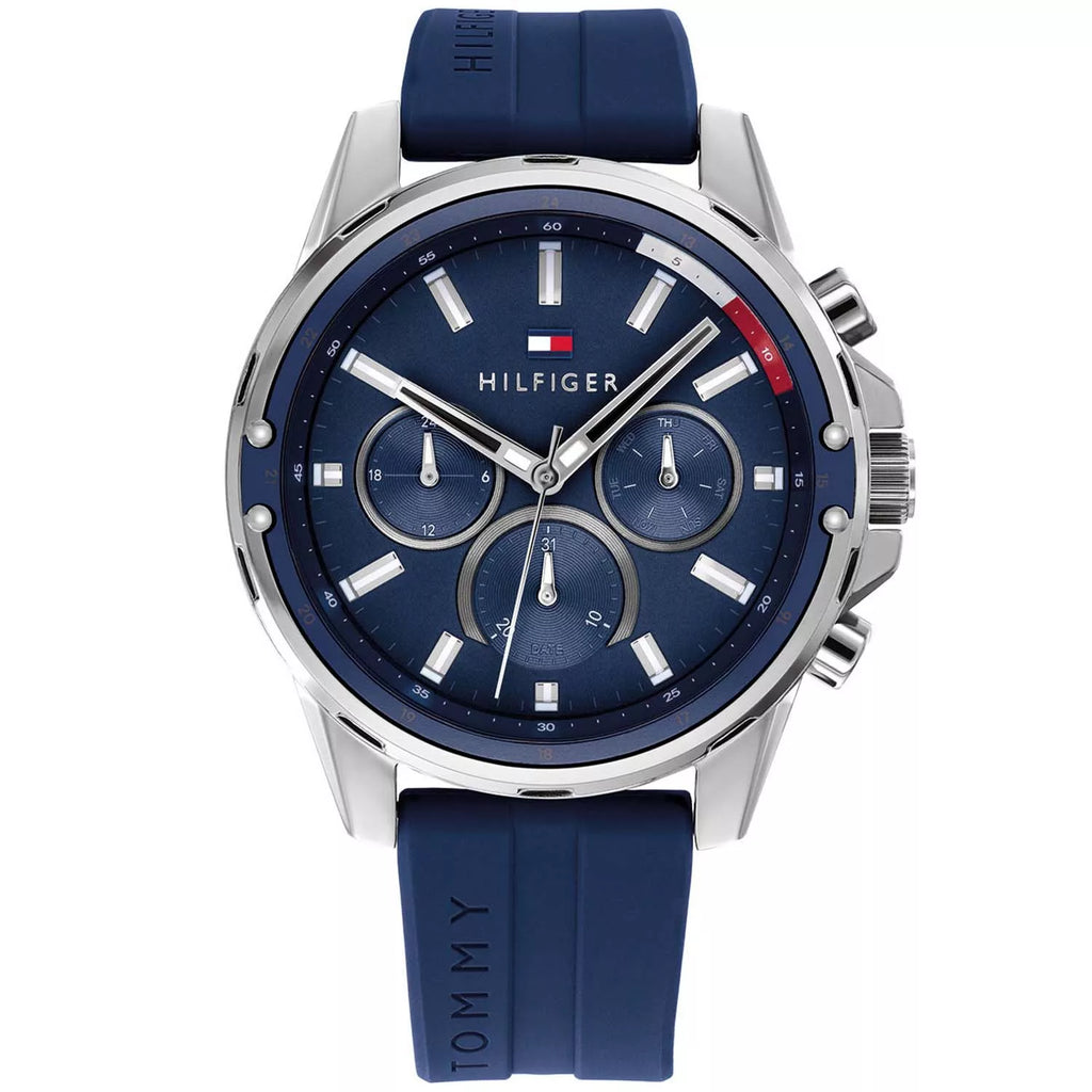 Tommy Hilfiger Mason 1791791 herrklocka med blått silikonarmband och silver boett, visad framifrån.