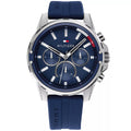 Tommy Hilfiger Mason 1791791 herrklocka med blått silikonarmband och silver boett, visad framifrån.