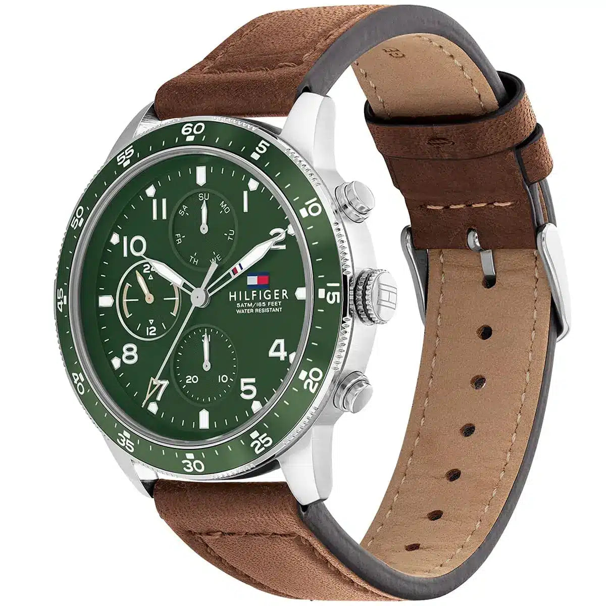 Tommy Hilfiger Jimmy 1791948 herrklocka med brunt läderarmband och silver boett, visad framifrån.