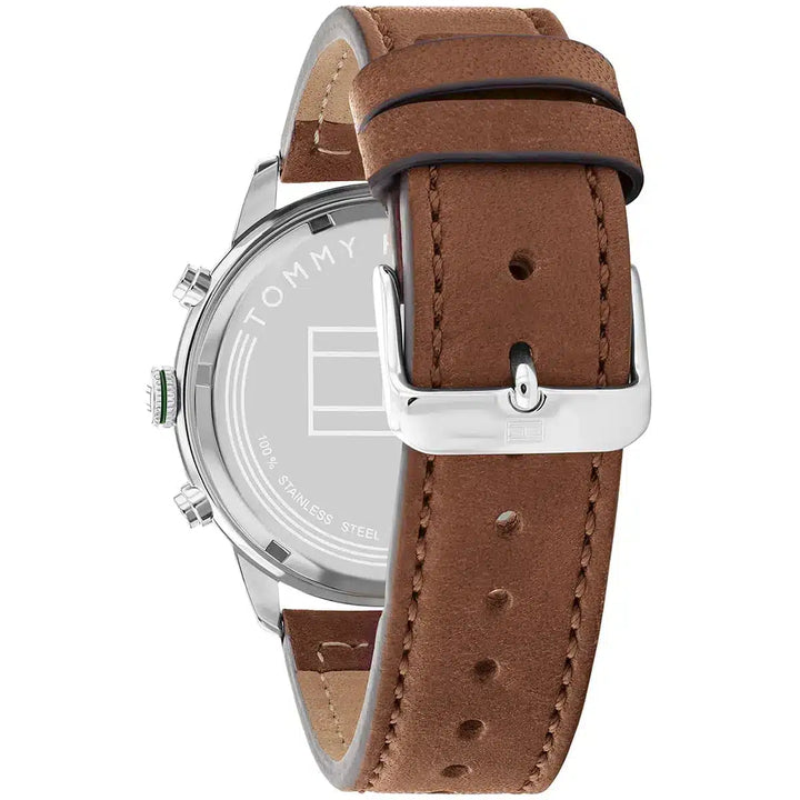Tommy Hilfiger Jimmy 1791948 herrklocka med brunt läderarmband och silver boett, visad framifrån.