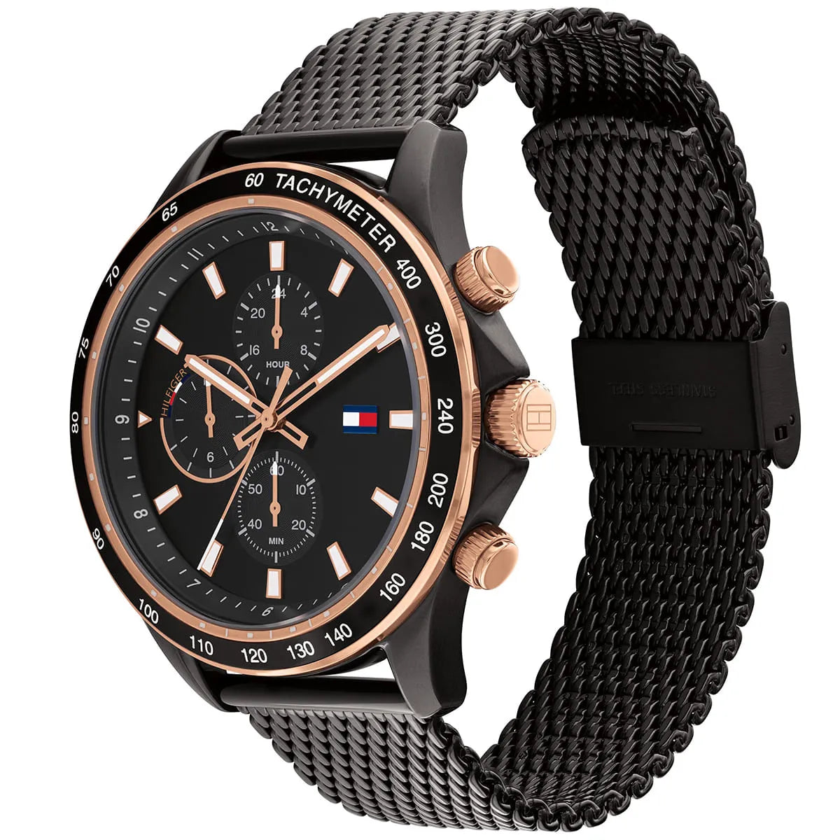 Tommy Hilfiger Miles 1792020 herrklocka med svart stålarmband och svart boett, visad framifrån.