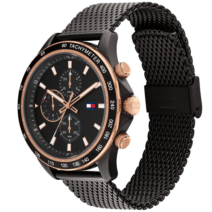 Tommy Hilfiger Miles 1792020 herrklocka med svart stålarmband och svart boett, visad framifrån.