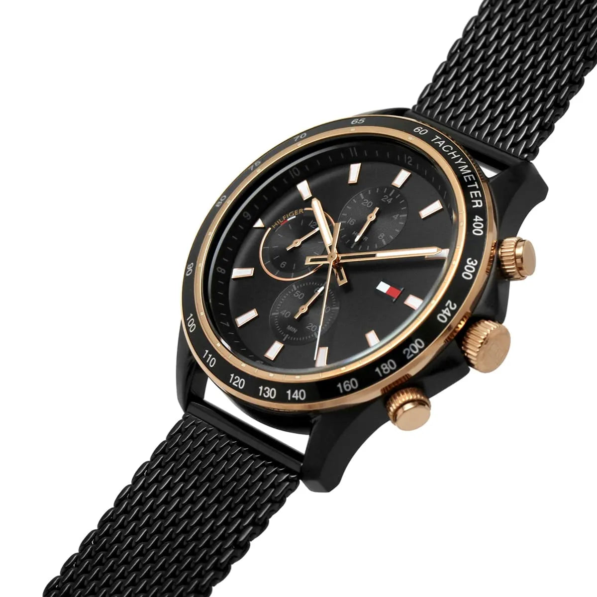 Tommy Hilfiger Miles 1792020 herrklocka med svart stålarmband och svart boett, visad framifrån.