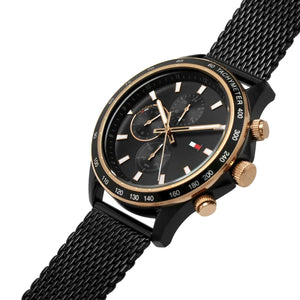 Tommy Hilfiger Miles 1792020 herrklocka med svart stålarmband och svart boett, visad framifrån.