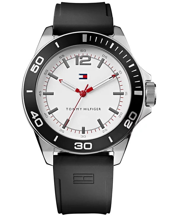 Tommy Hilfiger Sport 1790920 herrklocka med svart silikonarmband och silver boett, visad framifrån.