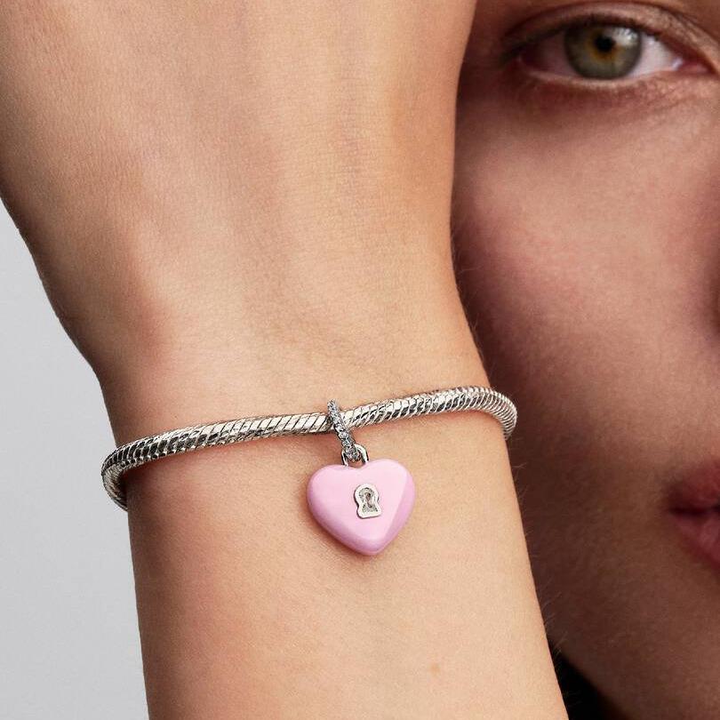 Pink Ceramic Heart Padlock Dangle Charm WRIST SWEDEN