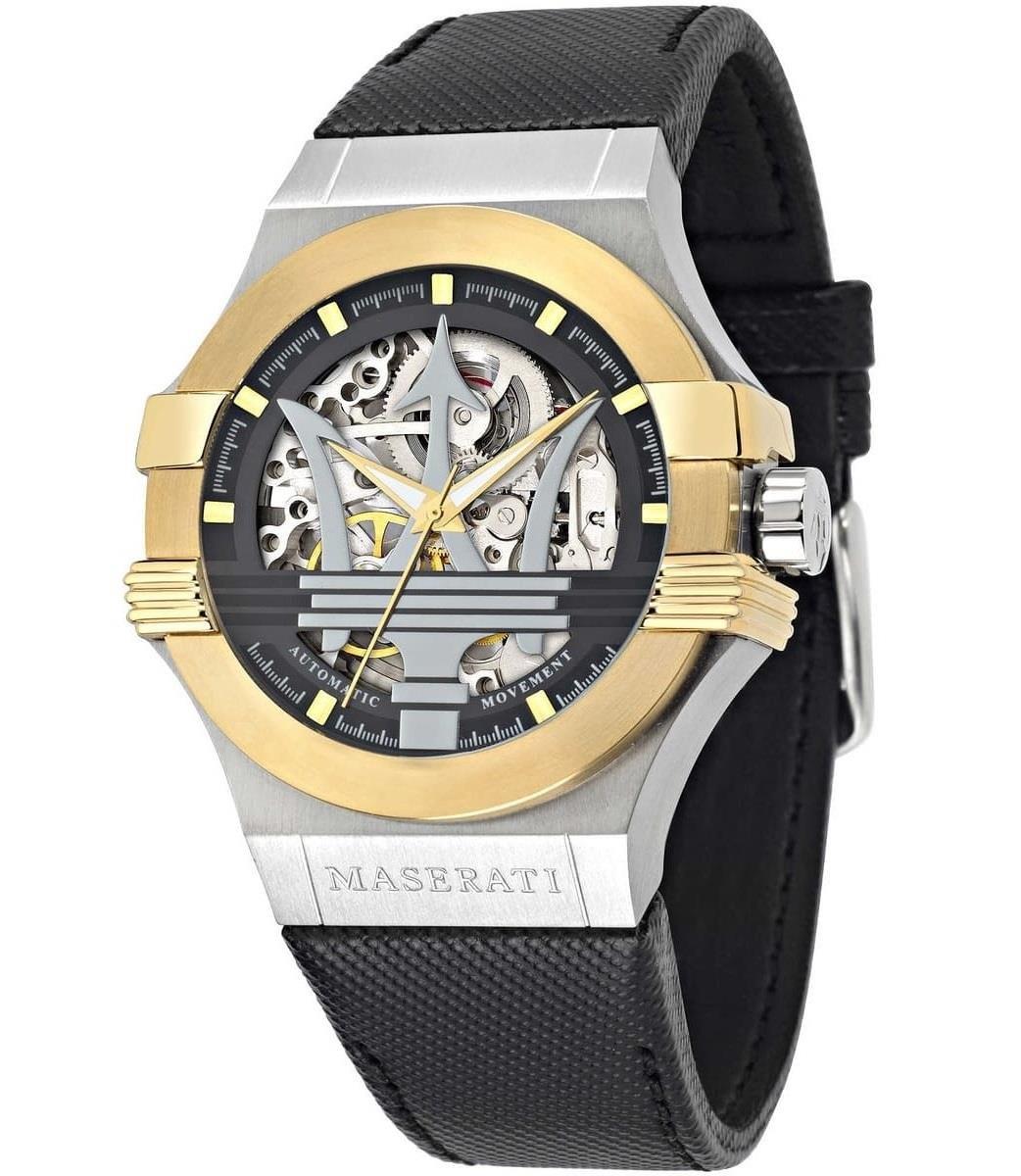 Maserati Potenza Automatic Skeleton Grey Dial Black Leather Strap Watch para homens - R8821108037 WRIST SWEDEN