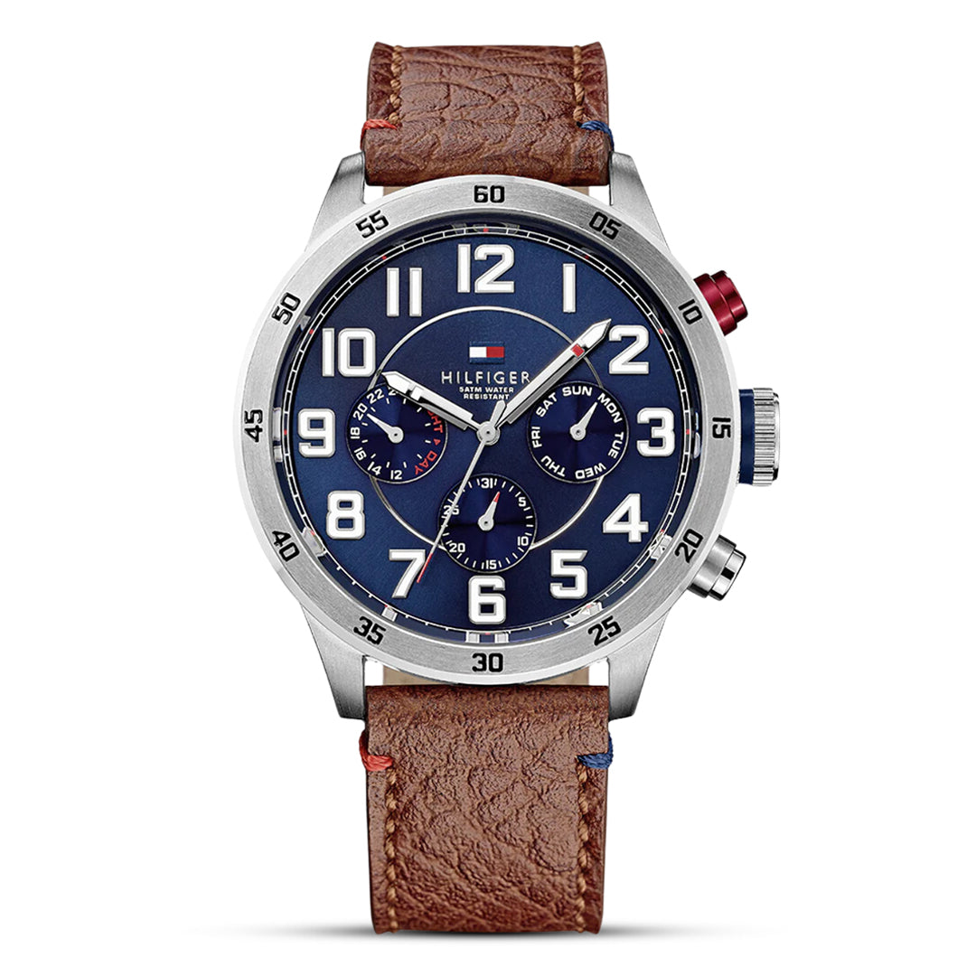 Tommy Hilfiger Trent TH1791066 herrklocka med blått silikonarmband och silver boett, visad framifrån.