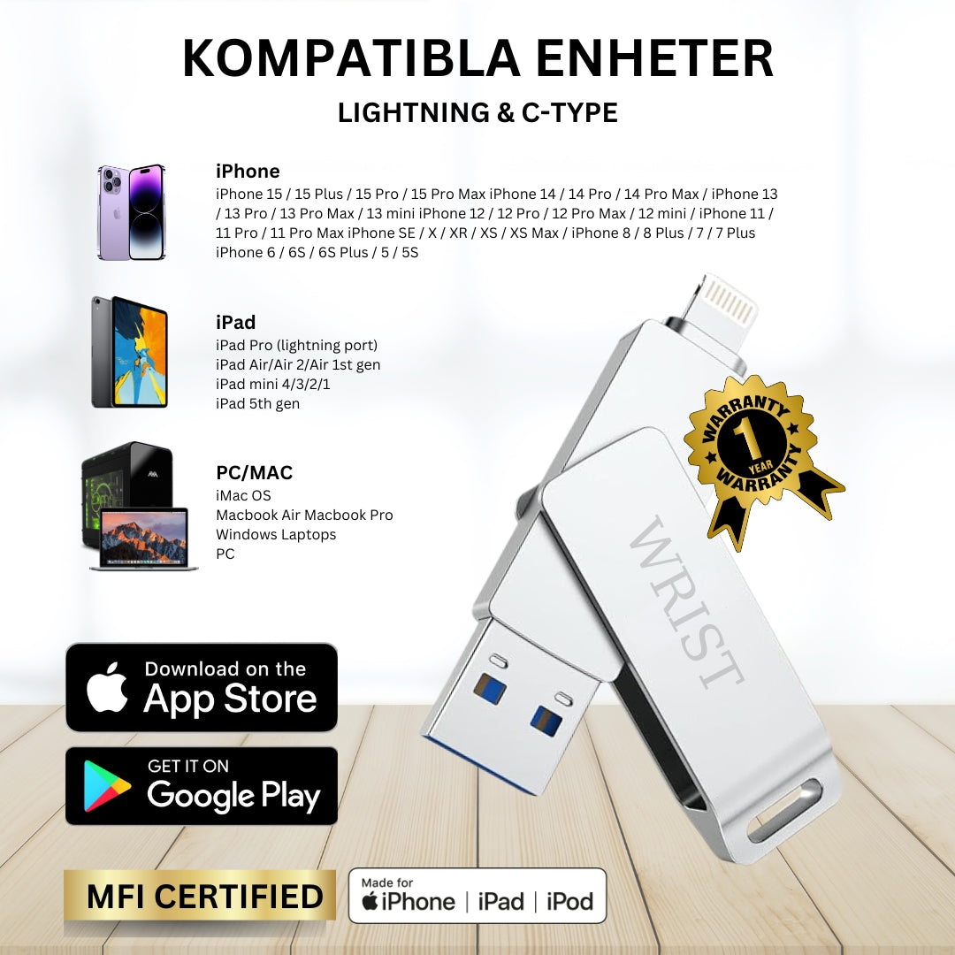 USB-minne till iPhone och iPad/iOS/Android  (Apple MFi -certifierat)