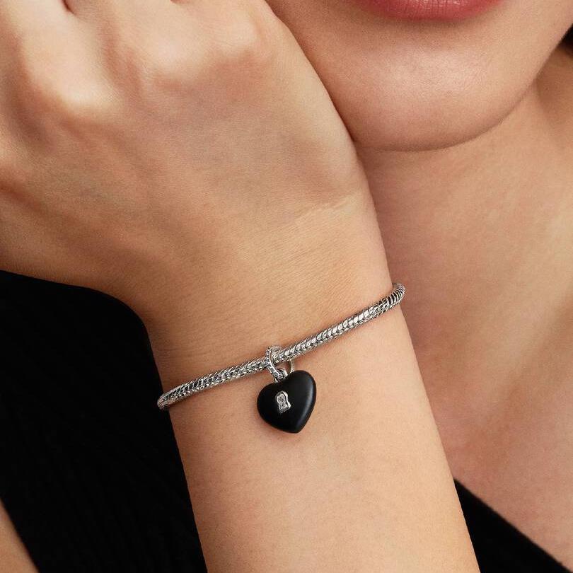 Matte Black Ceramic Heart Padlock Dangle Charm WRIST SWEDEN