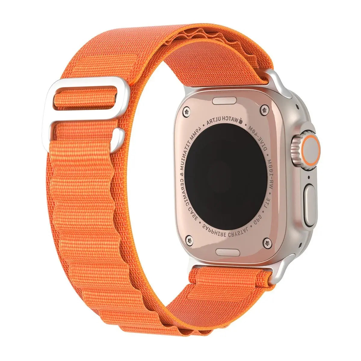 Baksidan av Apple Watch med orange Alpine Loop-band, som visar spännet från wrist sweden.